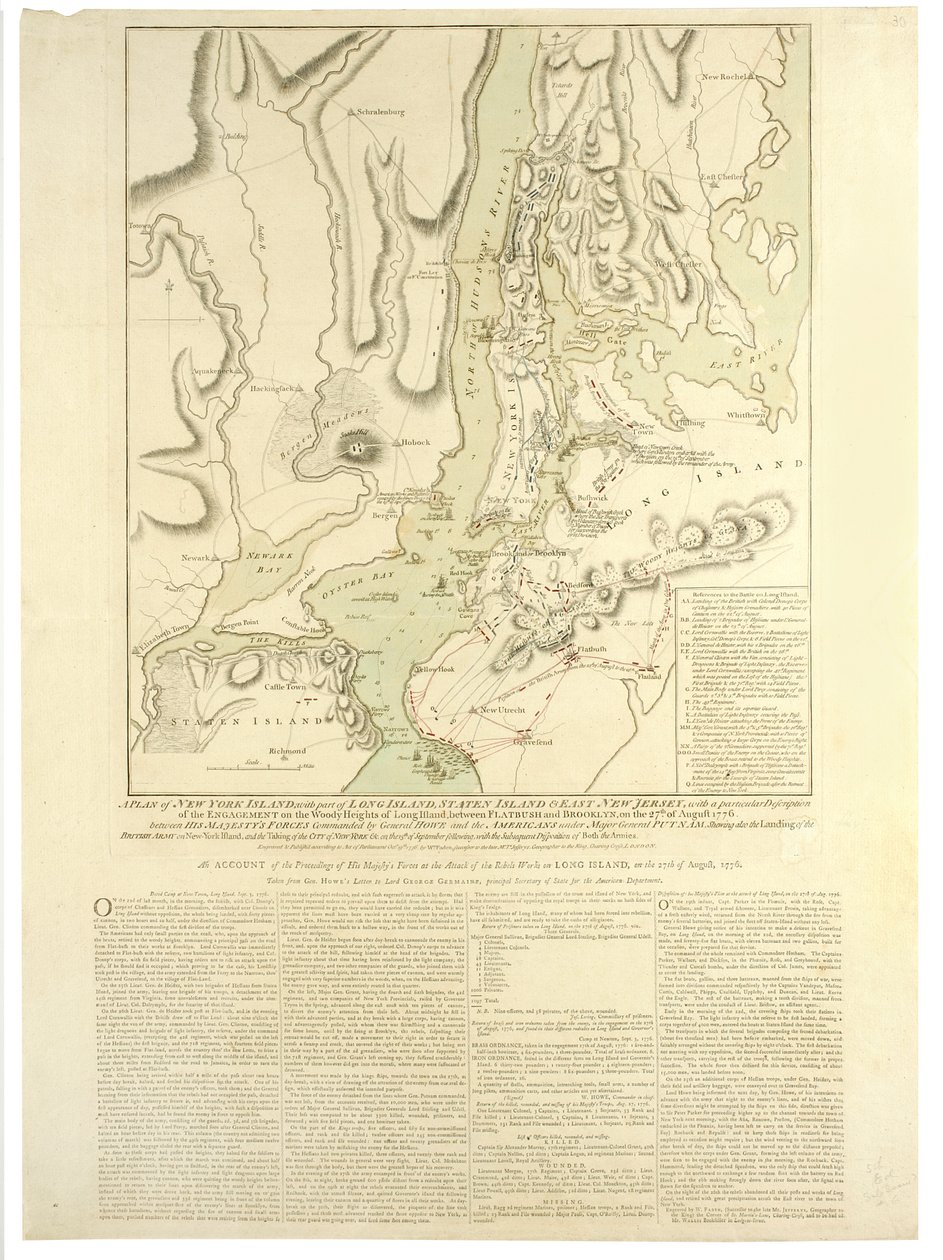 Plan wyspy Nowy Jork, z częścią Long Island, Staten Island i East New Jersey, ze szczególnym opisem zaręczyn na zalesionych wzgórzach Long Island między Flatbush a Brooklynem autorstwa William Faden