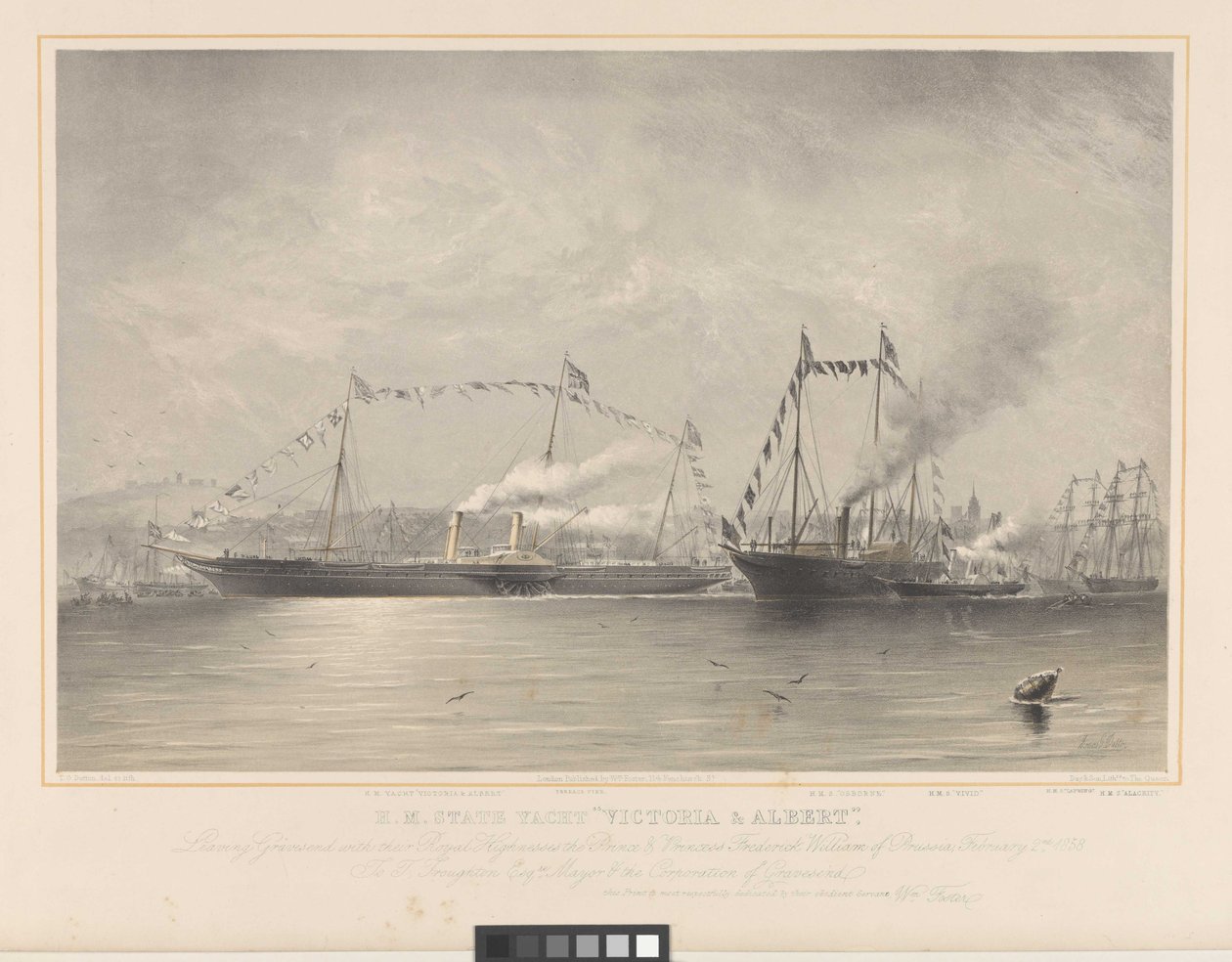 H.M. Jacht stanowy Victoria & Albert, opuszczający Gravesend ze swoimi Królewskimi Wysokościami Księciem i Księżną Fryderykiem Wilhelmem Pruskim, 2 lutego 1858    Podpisany przez artystę na płycie. niedostępne autorstwa William Foster
