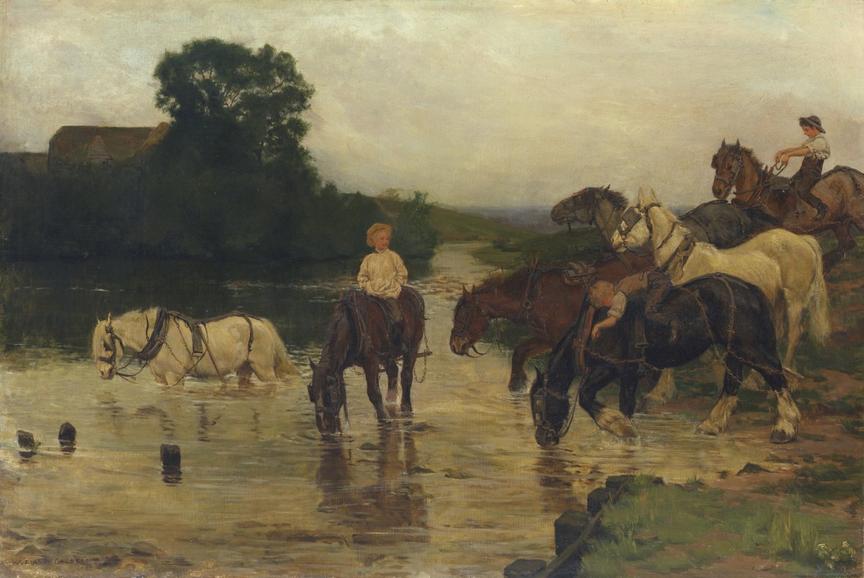 Konie w kąpieliskach po pracy, 1884 autorstwa William Frank Calderon