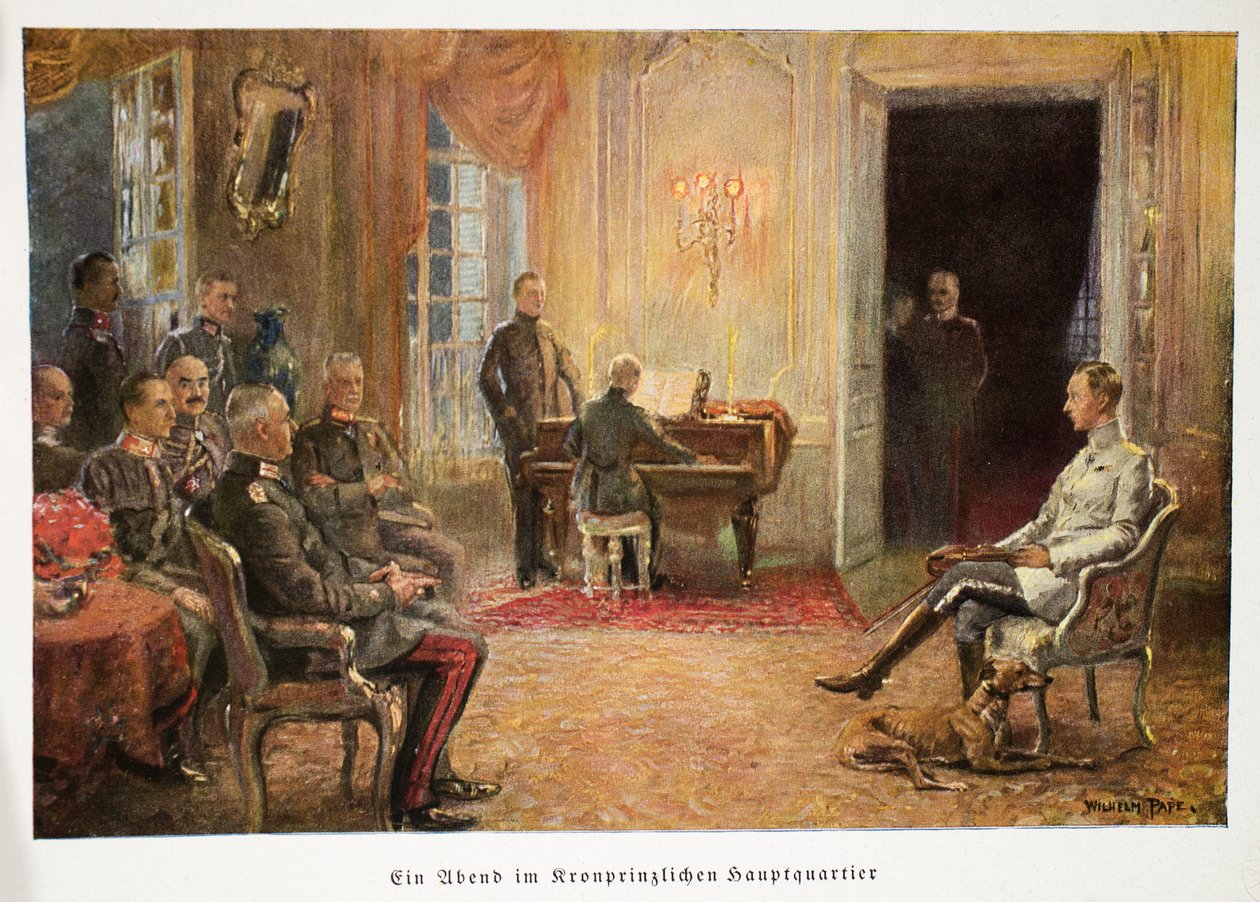 Wilhelm, książę koronny Niemiec słuchający recitalu fortepianowego w swojej siedzibie, wyd. 1917 (litografia kolorowa) autorstwa William Friedrich Georg Pape