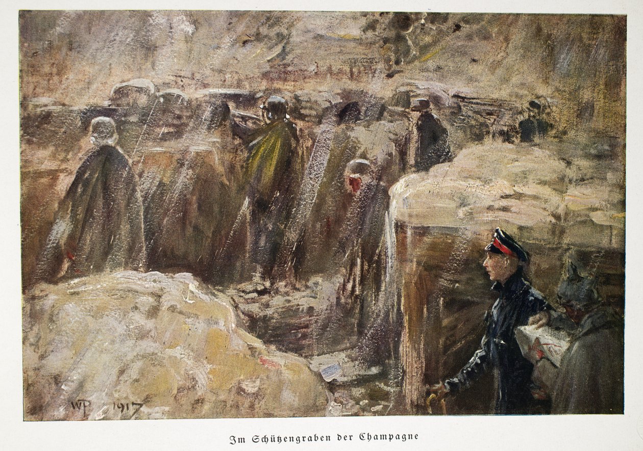 Wilhelm, następca tronu Niemiec, odwiedzający wojska za linią frontu w ich okopach w pubie Champagne. 1917 (litografia kolorowa) autorstwa William Friedrich Georg Pape