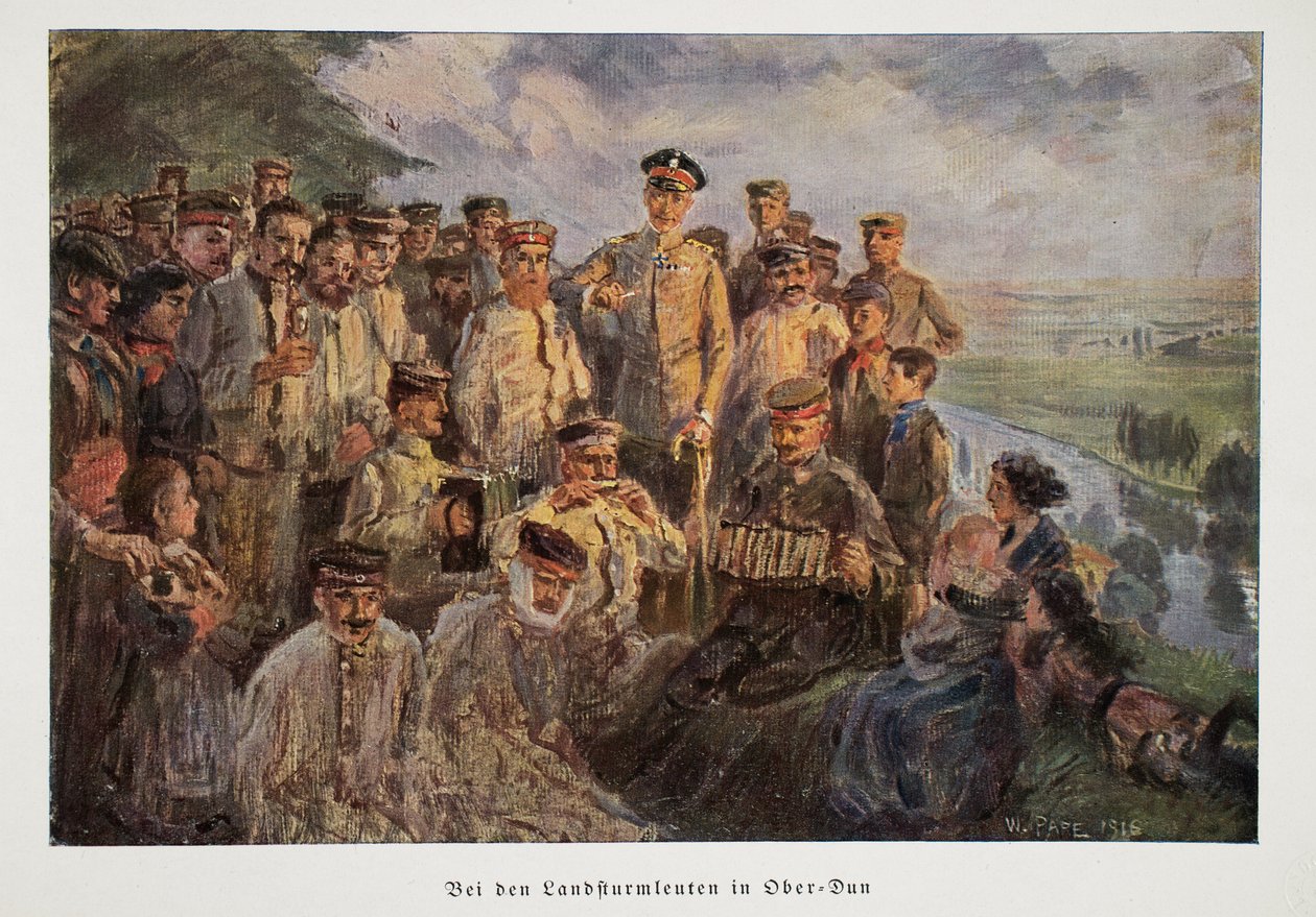 William, następca tronu Niemiec, odwiedzający wojska, które odpoczywają z rodzinami po służbie, pub. 1918 autorstwa William Friedrich Georg Pape