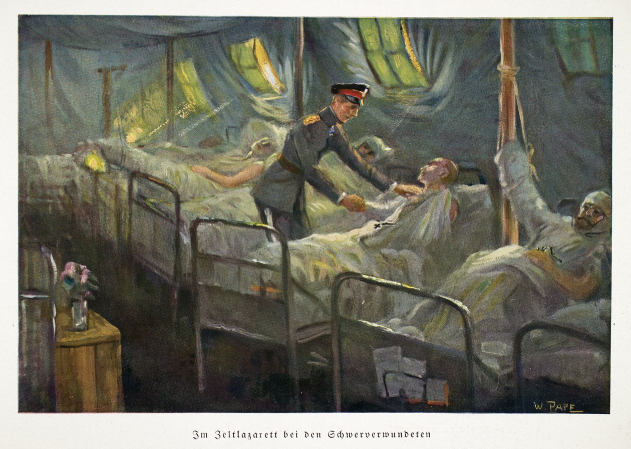 Wilhelm, następca tronu Niemiec, odwiedzający rannych żołnierzy w szpitalu polowym, wyd. c1917 (litografia kolorowa) autorstwa William Friedrich Georg Pape