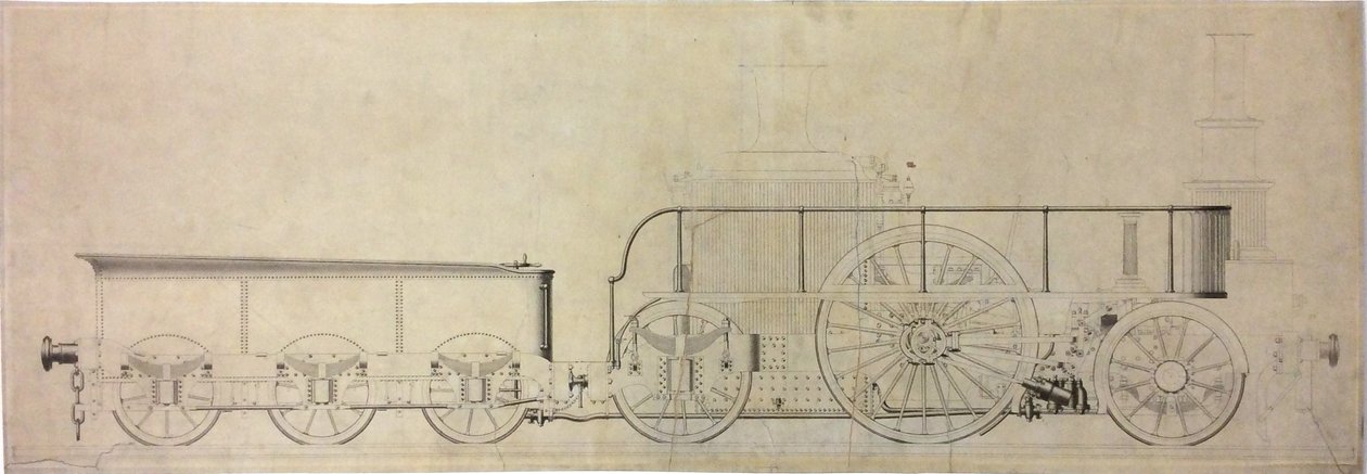 Rysunek konstrukcyjny eksperymentalnej lokomotywy kondensacyjnej, przed 1848 r autorstwa William George Armstrong