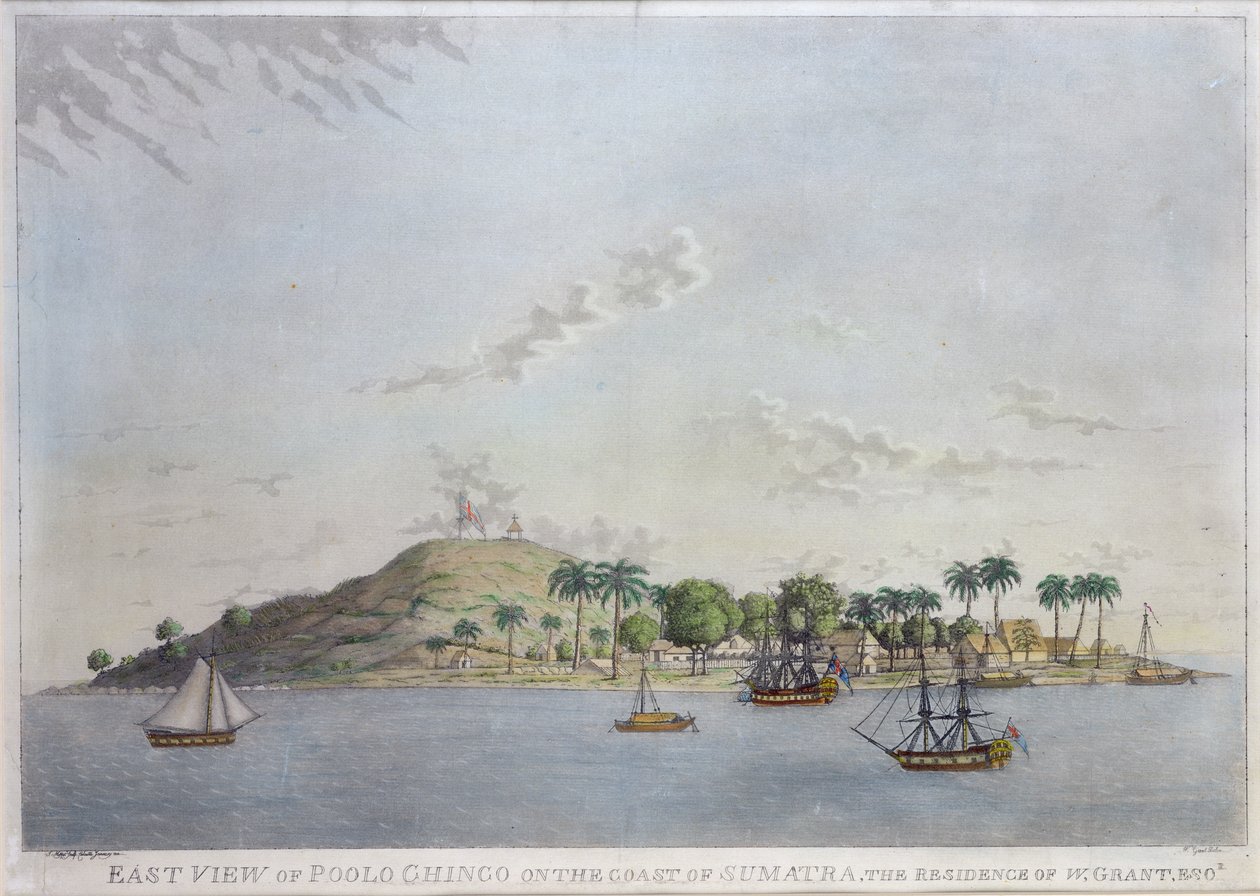 Wschodni widok Poolo Chinco na wybrzeżu Sumatry, rezydencja W. Granta Esq., wyryty przez Jamesa Moffata, 1802 (akwatinta ręcznie kolorowana) autorstwa William James Grant