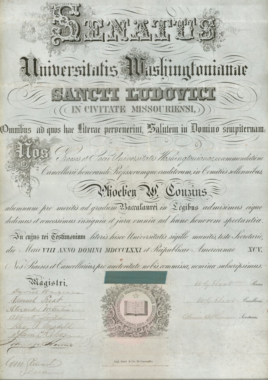 Dyplom Phoebe Couzins Uniwersytetu Waszyngtońskiego, podpisany przez prezydenta W.G. Eliota i in., 8 maja 1871 r. autorstwa William Greenleaf Eliot