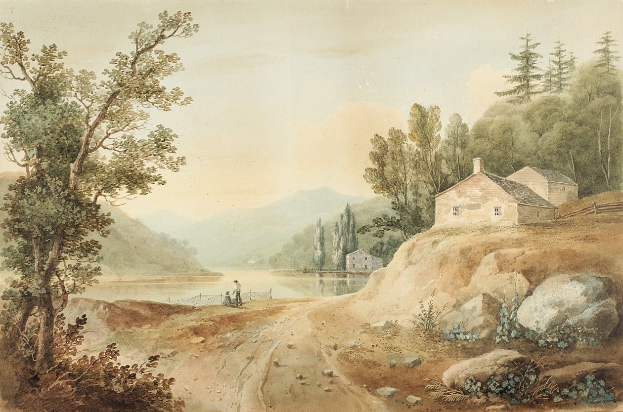 Widok w pobliżu Fishkill, Nowy Jork: Preparatory Study for Plate 17 of The Hudson River PortFolio, 1820 (Akwarela, grafit, wybiórcze szkliwienie i wydrapywanie z domieszką gwaszu na papierze, położony o autorstwa William Guy Wall