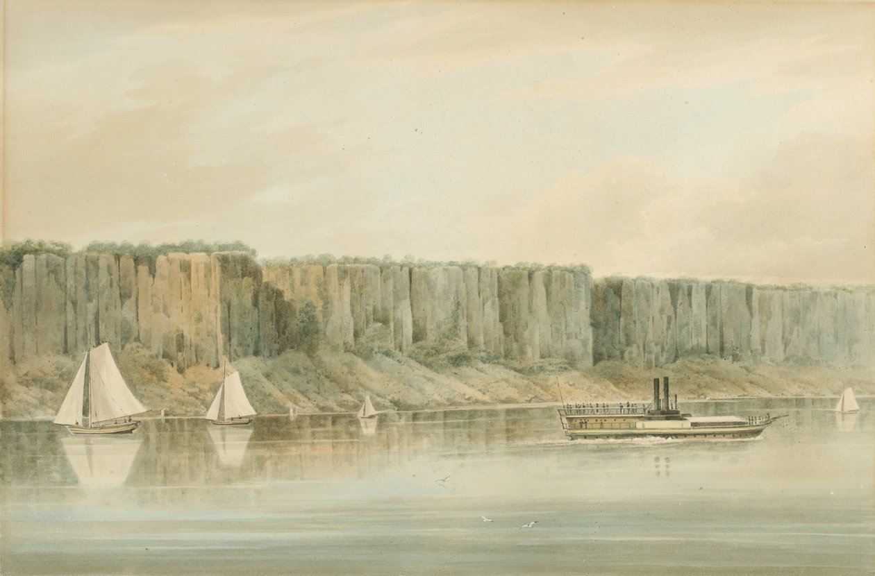Widok Palisades, New Jersey: Studium przygotowawcze do kliszy 19 The Hudson River PortFolio, 1820 (akwarela, grafit i wydrapywanie z akcentami gwaszu na papierze, ułożone na kartonie). autorstwa William Guy Wall