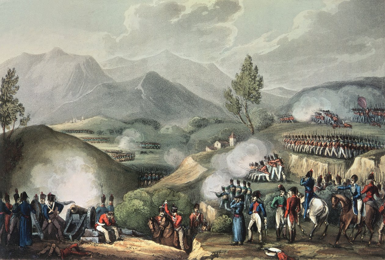 Bitwa pod Salamondą, 16 maja 1809, z „Wielkich osiągnięć wojennych Wielkiej Brytanii i jej sojuszników od 1799 do 1815”, autorstwa Jamesa Jenkinsa, ryty przez Thomasa Sutherlanda (b.c.1785) (rycina) autorstwa William Heath