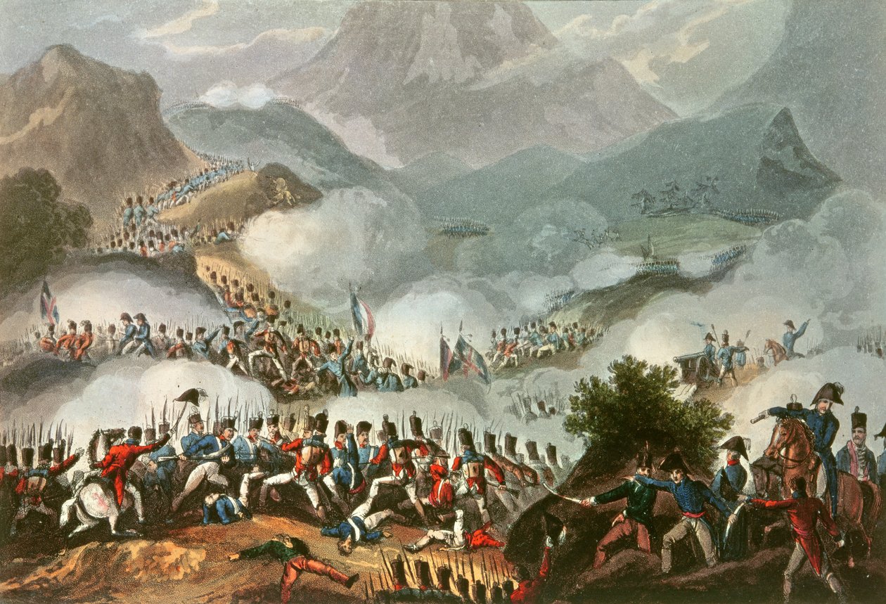 Bitwa pod Pirenejami, 28 lipca 1813 r., z „Wielkich osiągnięć wojennych Wielkiej Brytanii i jej sojuszników od 1799 do 1815 r.”, autorstwa Jamesa Jenkinsa, ryty przez Thomasa Sutherlanda (b.c.1785) (kolorowe grawerowanie autorstwa William Heath