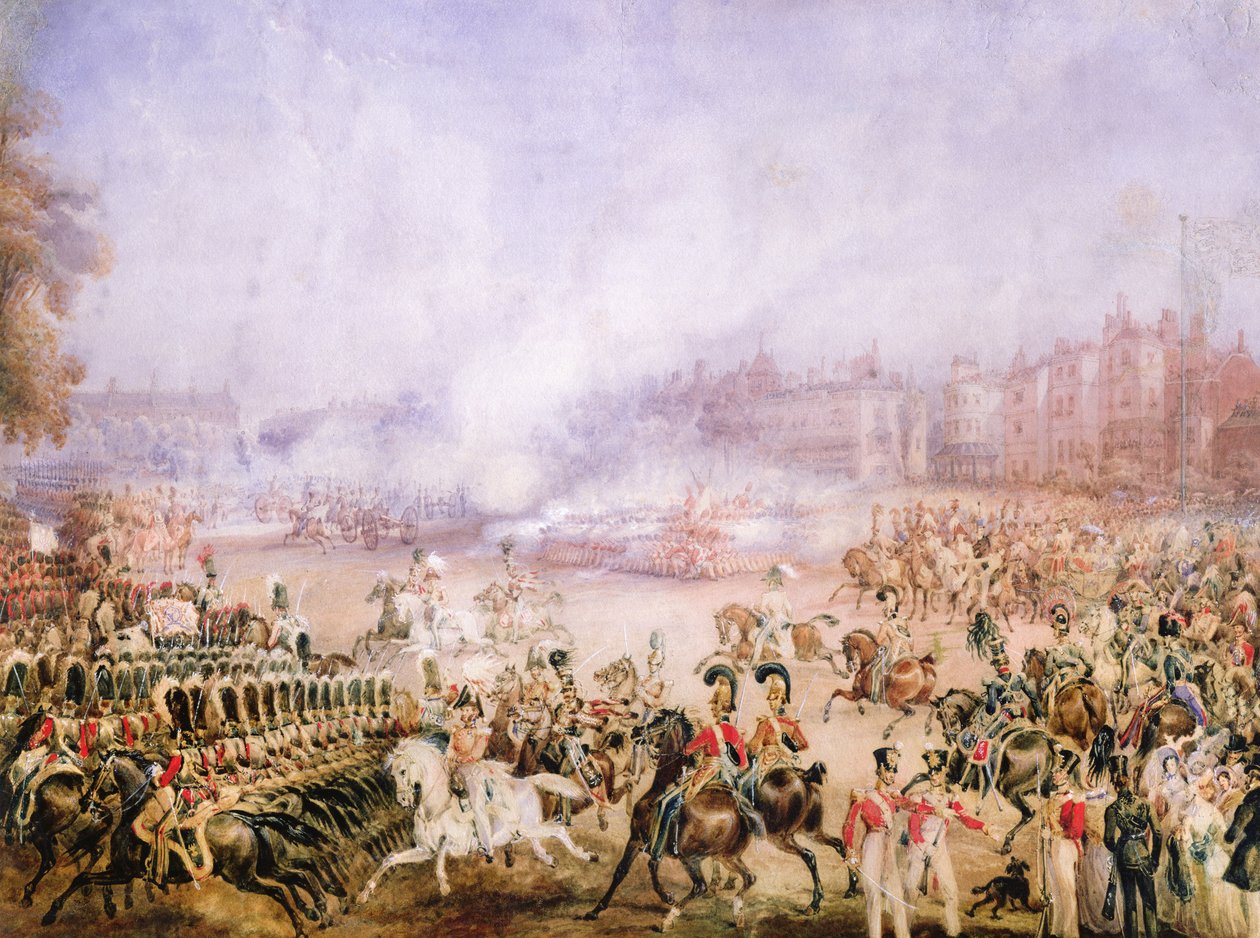 Queen Victorias Accession Day Salute, Hyde Park, Londyn, 1837 (ołówek, guma arabska, toaleta i gwasz na papierze) autorstwa William Heath