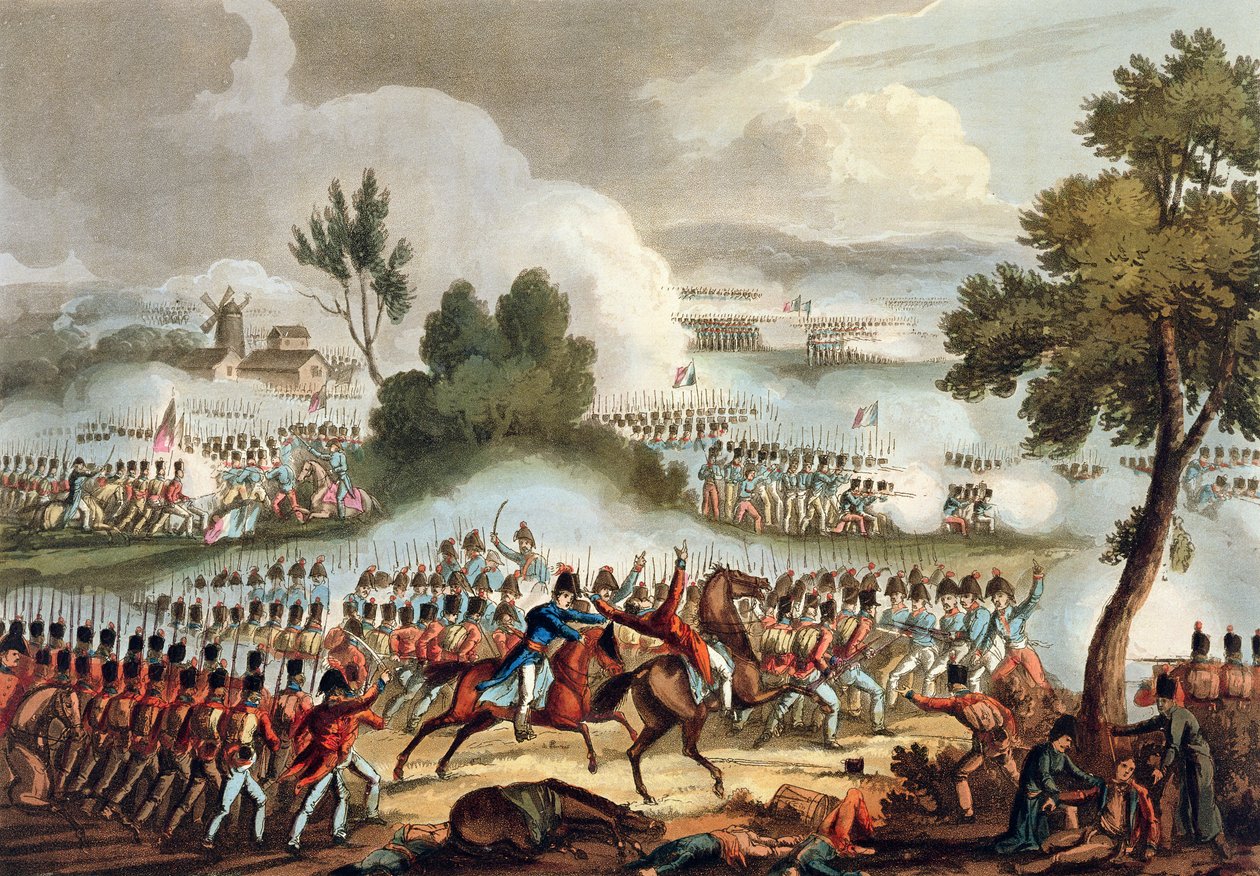 Lewe skrzydło armii brytyjskiej w akcji w bitwie pod Waterloo, 18 czerwca 1815, z „Wielkiej Brytanii i jej sojuszników wojennych w latach 1799-1815”, autorstwa Jamesa Jenkinsa, ryciny przez Tho autorstwa William Heath