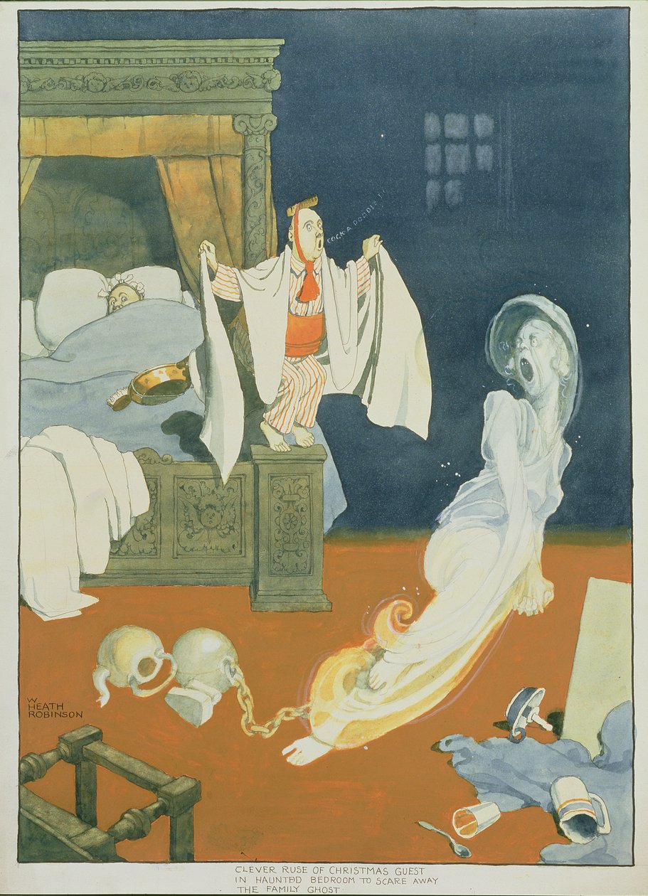 Sprytny podstęp świątecznego gościa w nawiedzonej sypialni, aby odstraszyć rodzinnego ducha (pióro i atrament oraz toaleta na papierze) autorstwa William Heath Robinson