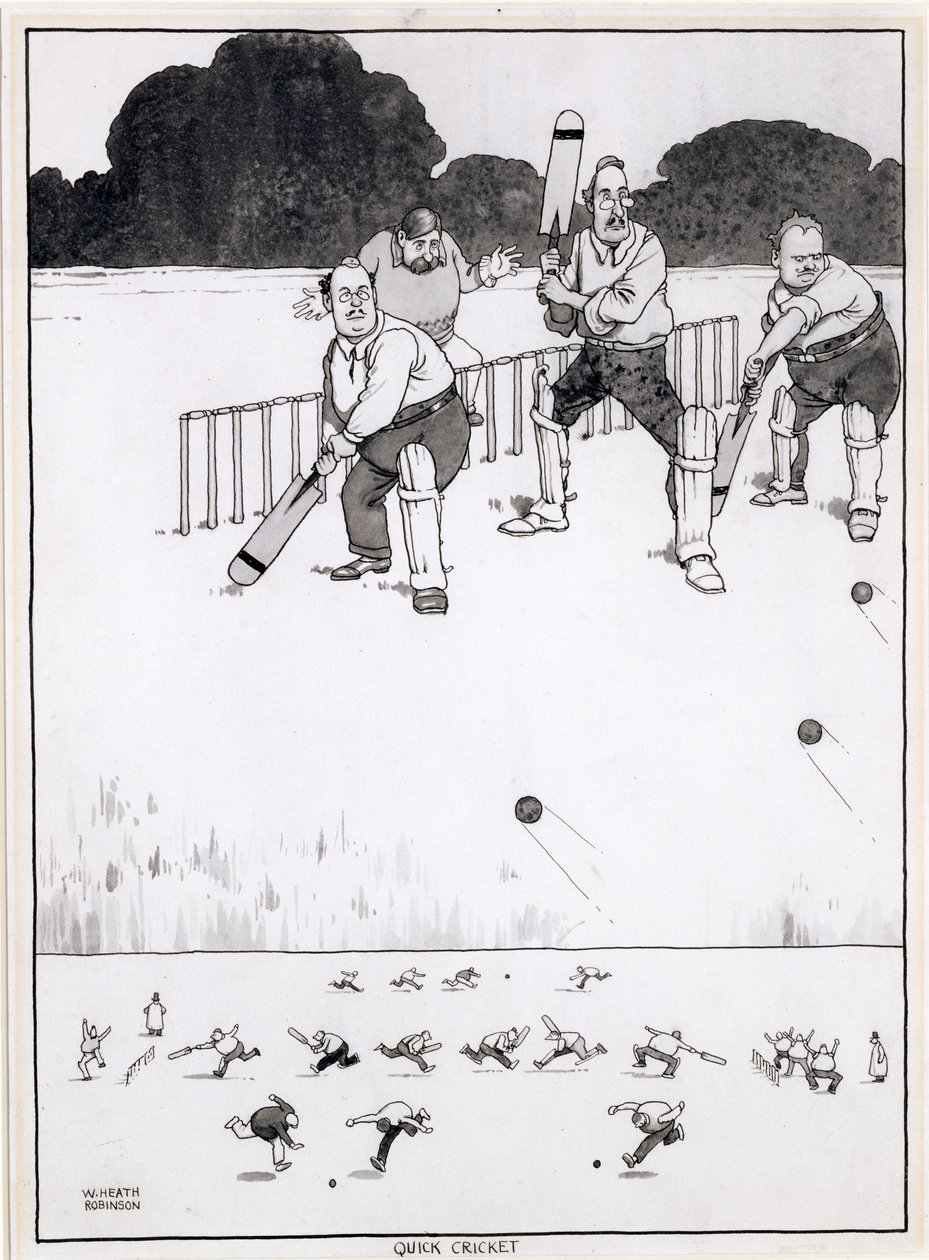 Szybki krykiet, nowa metoda dawania szansy obu stronom, ilustracja do filmu Bystander, maj 1927 (pióro i atrament oraz toaleta) autorstwa William Heath Robinson