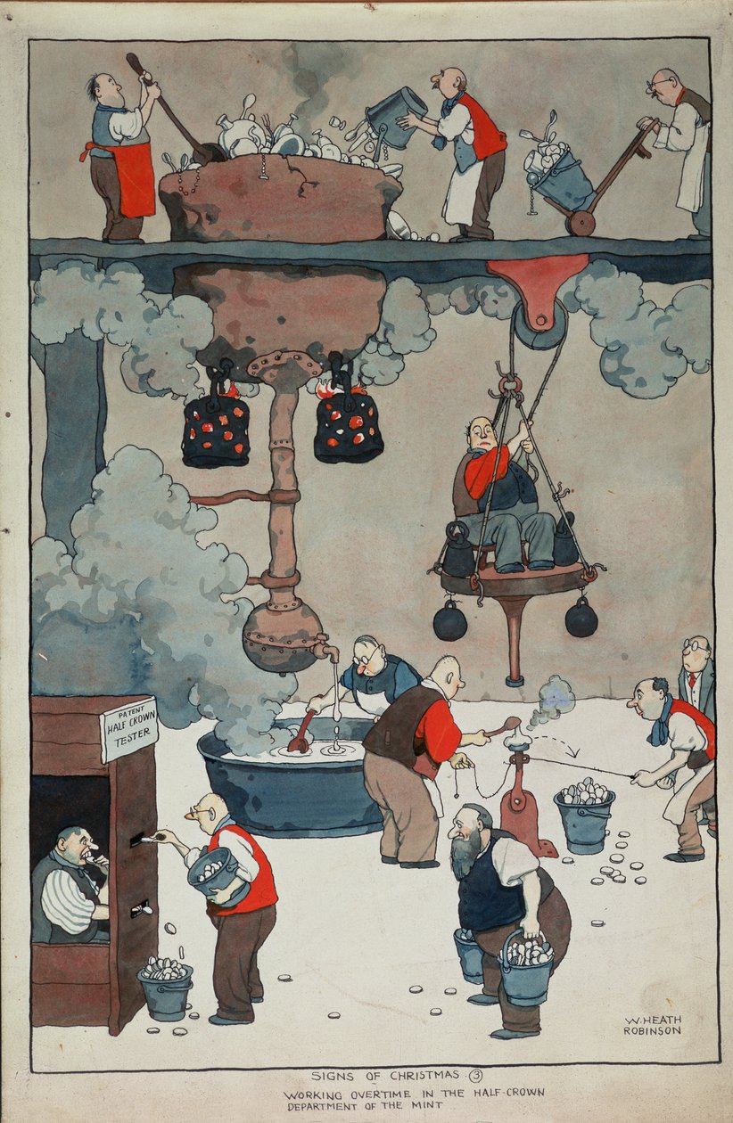 Znaki Bożego Narodzenia. Praca w godzinach nadliczbowych w Oddziale Półkorony Mennicy autorstwa William Heath Robinson