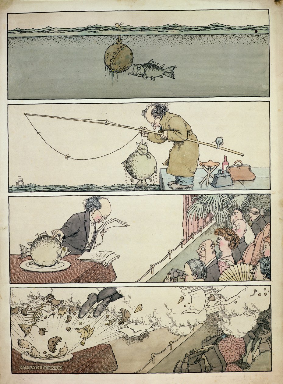 Ryba i pływająca kopalnia autorstwa William Heath Robinson