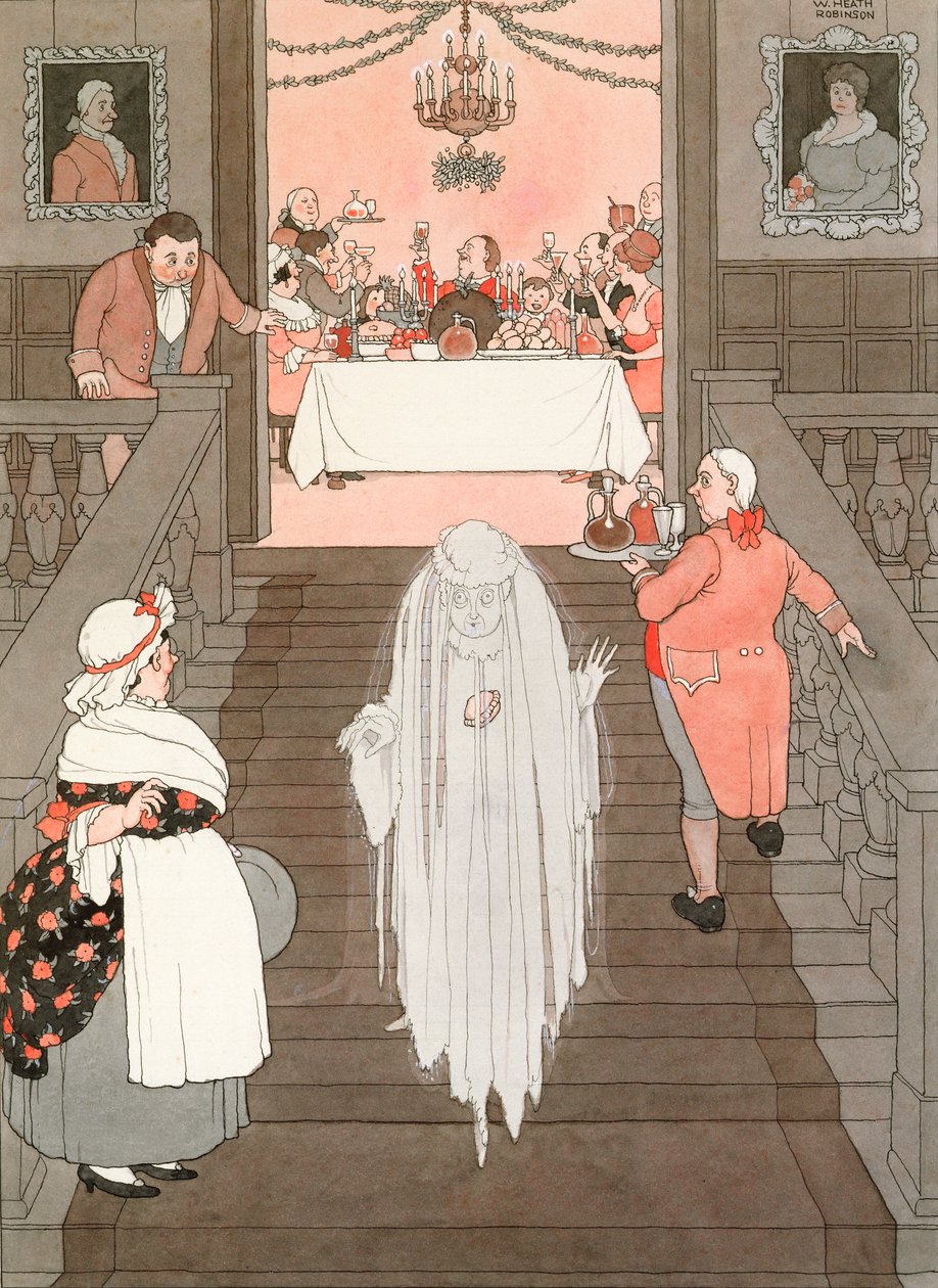 Duch i Mince Pie, 1941 (pióro i atrament i toaleta) autorstwa William Heath Robinson