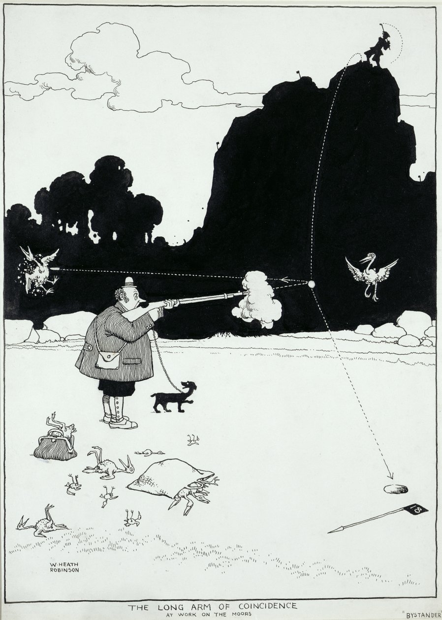 Długie ramię zbiegu okoliczności w pracy na Maurach, ilustracja do Bystander, sierpień 1922 (pióro i atrament) autorstwa William Heath Robinson