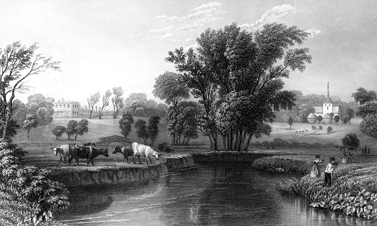 Stisted Hall i kościół, Essex, wyryte przez Williama Wallisa, 1832 r. autorstwa William Henry Bartlett