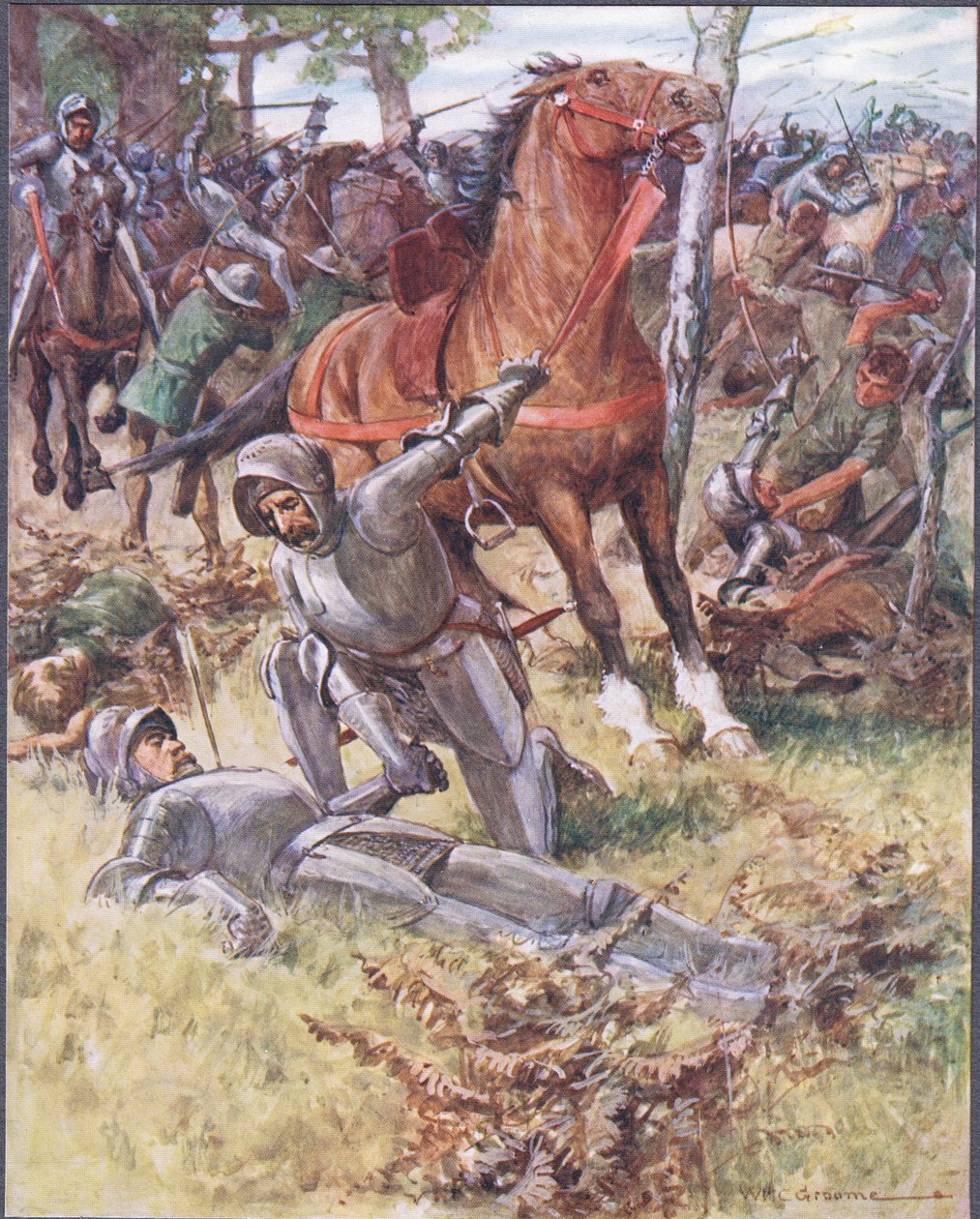 Następnie opuszczając życie, Earl Percy wziął za rękę zmarłego, ilustracja z Ballads of Famous Fights, c.1900 autorstwa William Henry Charles Groome