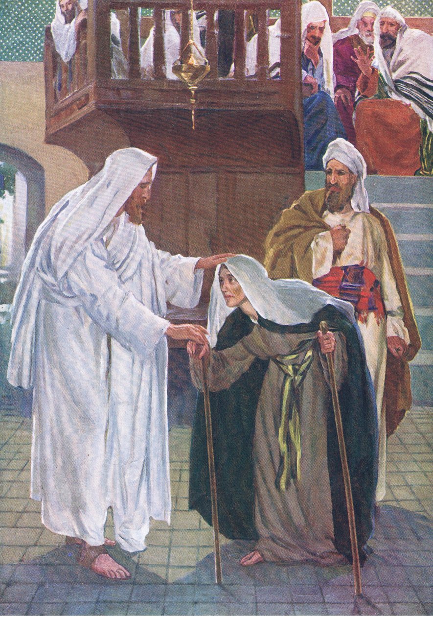 Uzdrowienie w szabat, z Biblijnej Księgi Obrazkowej wydanej przez Thomasa Nelsona, ok. 1950 r. autorstwa William Henry Margetson