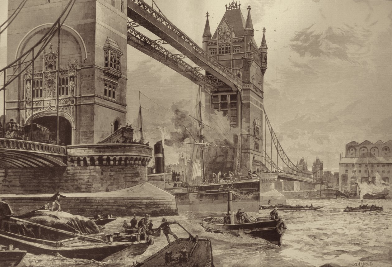 Tower Bridge, który ma zostać wzniesiony nad Tamizą: kamień węgielny położony przez księcia Walii w ostatni poniedziałek, z The Illustrated London News, 26 czerwca 1886 autorstwa William Heysham after Overend