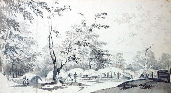 Widok wsi na wzgórzu w dystrykcie Baugelepoor (Bhagalpur) 1783 (szary wash i grafit na dwóch połączonych kartkach papieru) autorstwa William Hodges