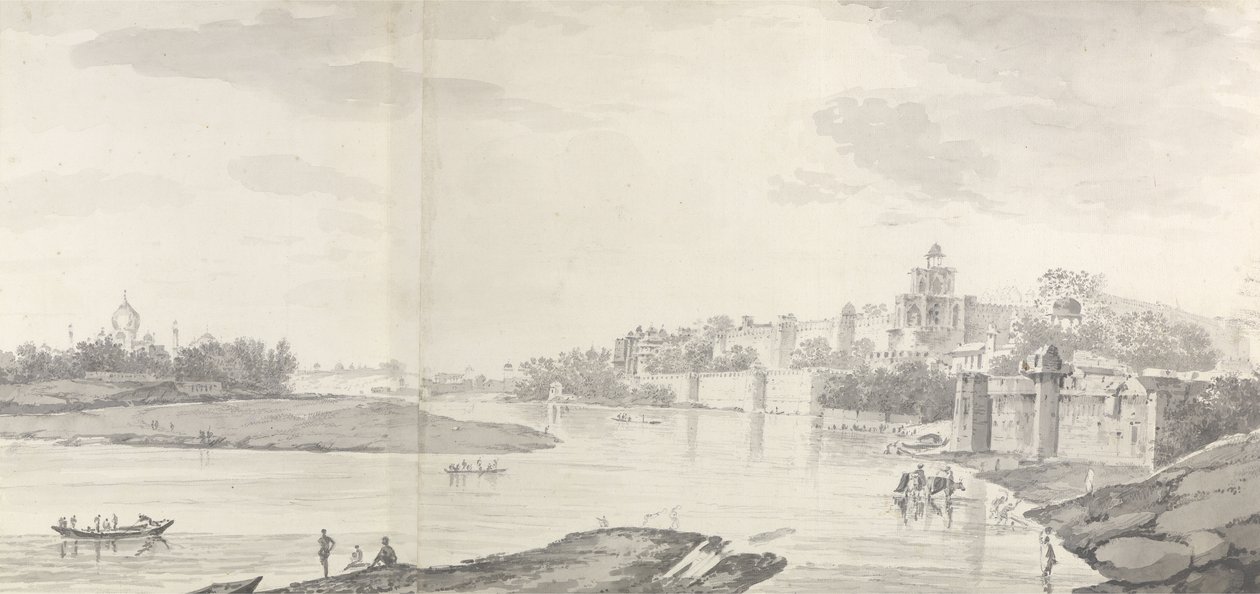 Widok fortu Agra na rzece Jumna od płn-wsch, ok. 1783 r. (szary wash & ołówek na papierze) autorstwa William Hodges