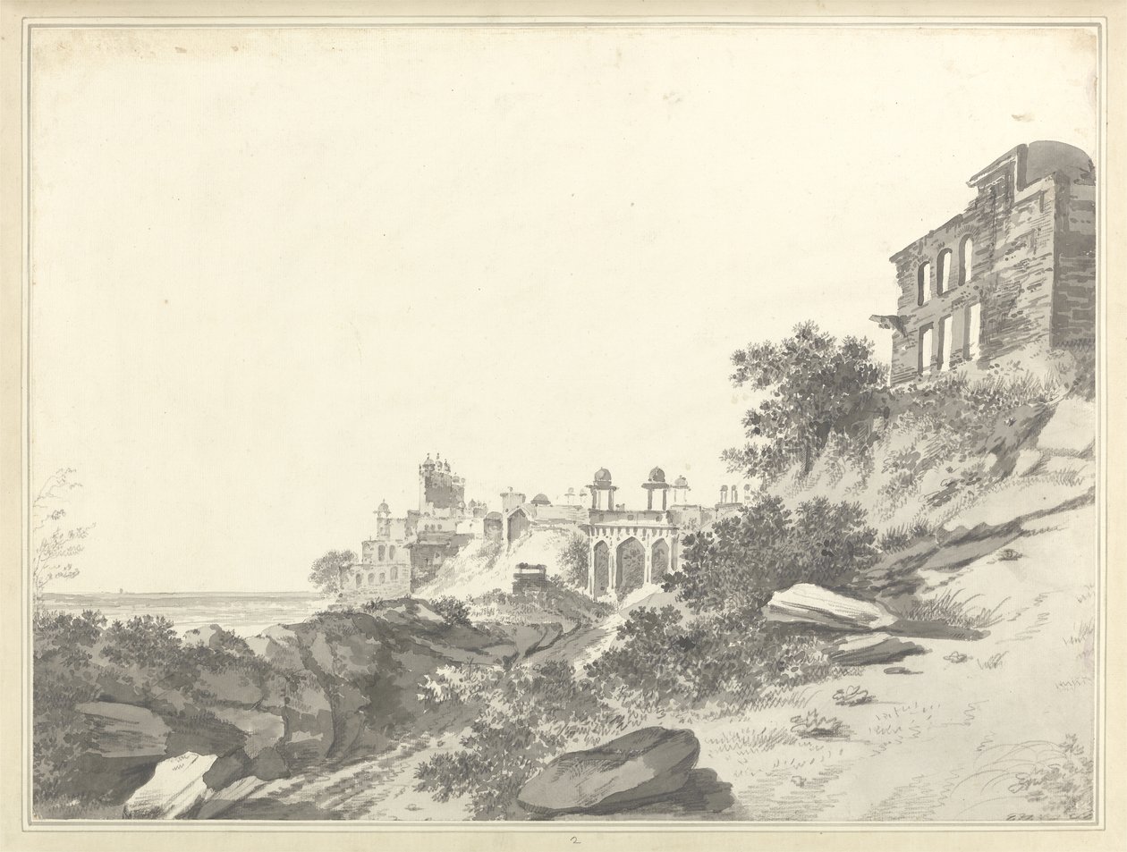 Widok ruin pałacu i meczetu w Fatehpur Sikri, ok. 1783 (wash i grafit na papierze) autorstwa William Hodges