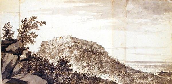 Widok fortu Bidjegur (Bijagarh) ok.1781 r. (szary wash i grafit na połączonych kawałkach oprawionego papieru) (patrz również 174459) autorstwa William Hodges