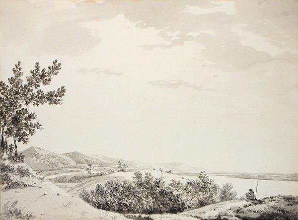 Widok na wzgórza Rajmahal z Sentenialem na pierwszym planie, ok. 1781 (szary wash, długopis i czarny tusz i grafit na papierze) autorstwa William Hodges