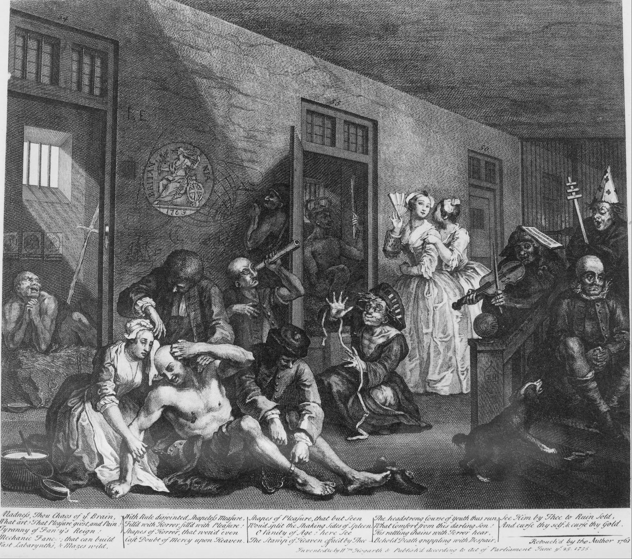 Postęp grabi, płyta 8, W domu wariatów autorstwa William Hogarth