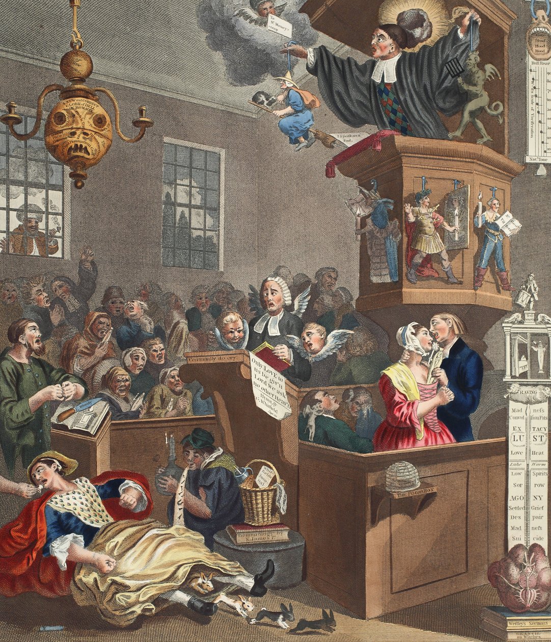 Łatwowierność, przesądy i fanatyzm, ilustracja z „Hogarth Restored: The Whole Works of the sławnego Williama Hogartha, ponownie grawerowane przez Thomasa Cooka”, wyd. 1812 (grawerowanie ręcznie kolorowane) autorstwa William Hogarth