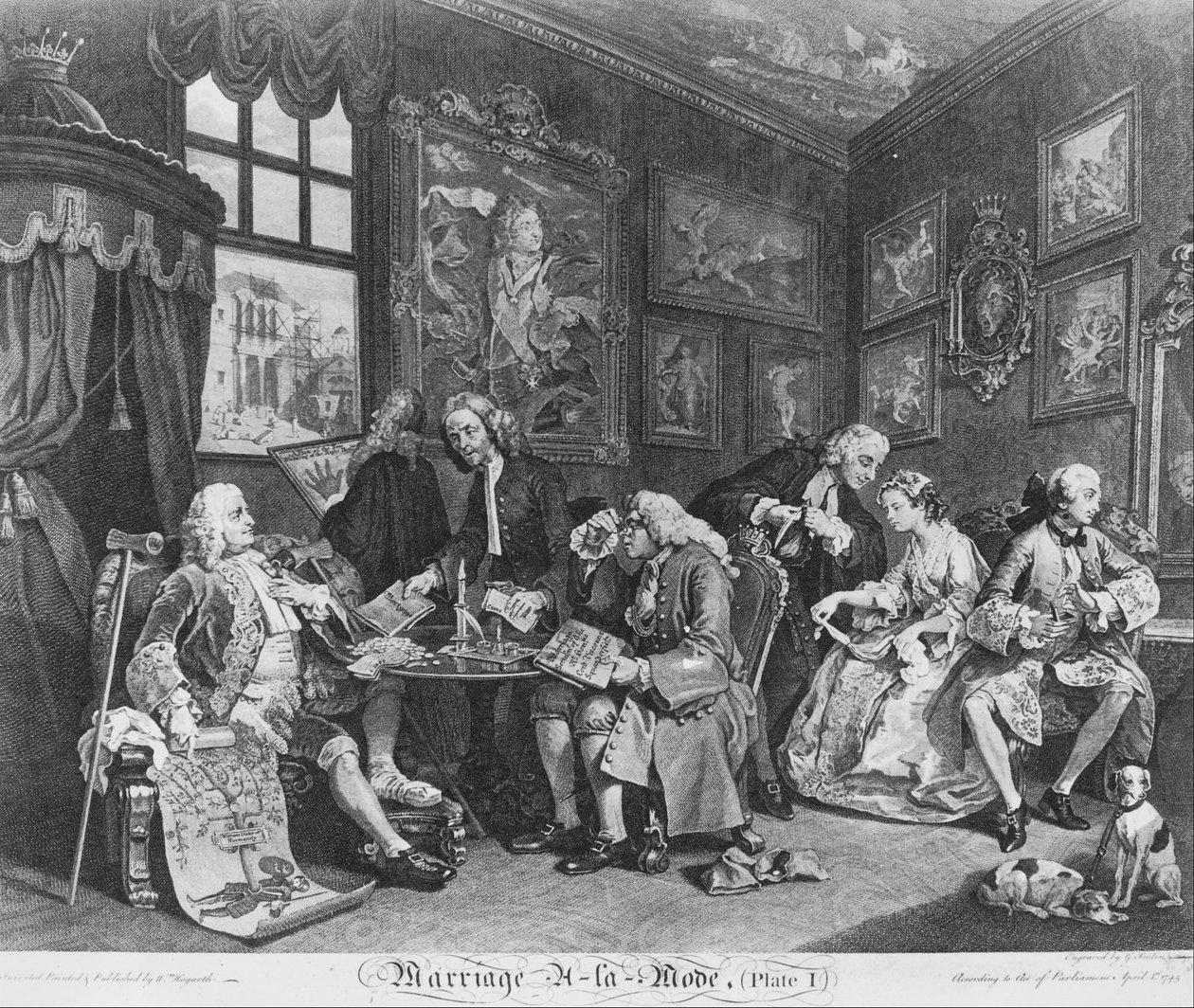 Małżeństwo à la Mode, płyta 1, (Umowa małżeńska) autorstwa William Hogarth