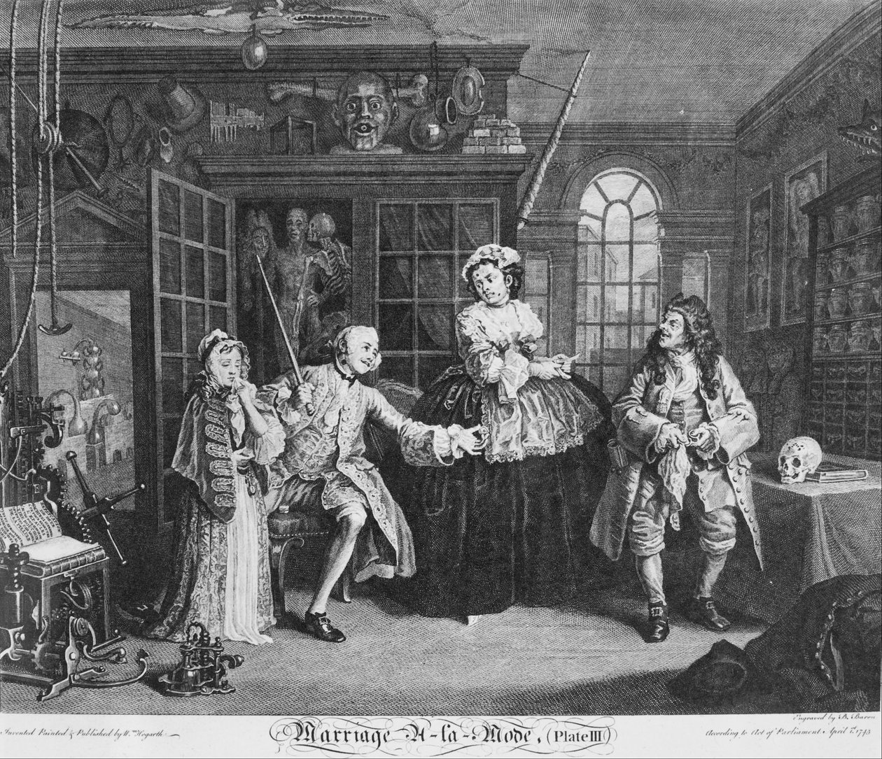 Małżeństwo à la Mode, płyta 3, (Scena ze znachorem) autorstwa William Hogarth