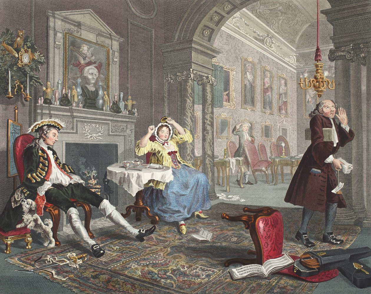 Małżeństwo a la Mode, ilustracja II, The Tete a Tete, ilustracja z „Hogarth Restored: The Whole Works of the sławnego Williama Hogartha, ponownie grawerowane przez Thomasa Cooka”, wyd. 1812 (grawerowanie ręcznie kolorowane) autorstwa William Hogarth