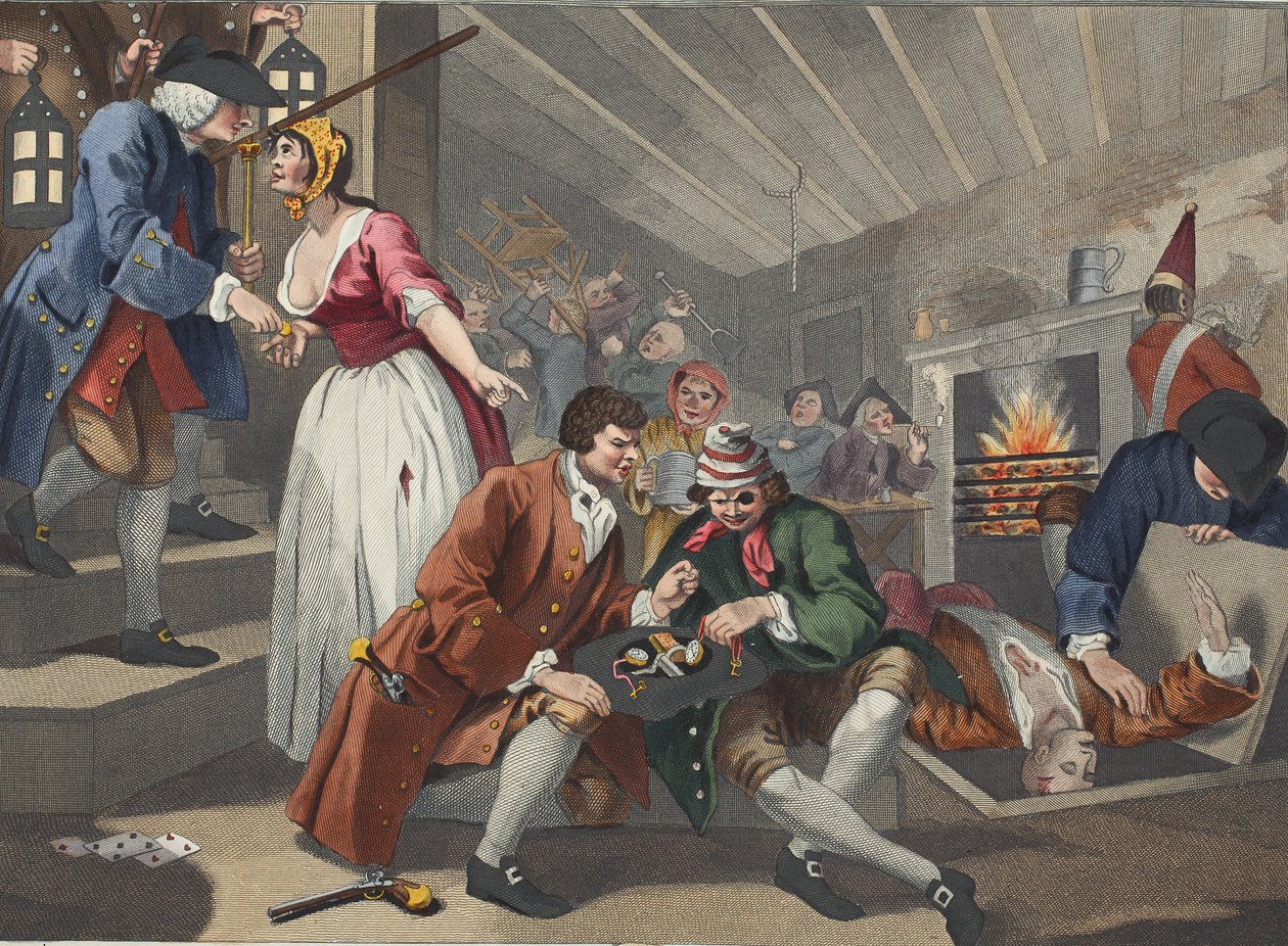 Bezczynny „Prentice Betrayed by a Prostitute”, tablica IX „Industry and Idleness”, ilustracja z „Hogarth Restored: The Whole Works of the sławnego Williama Hogartha, ponownie grawerowany przez Thomasa Cooka”, pu autorstwa William Hogarth