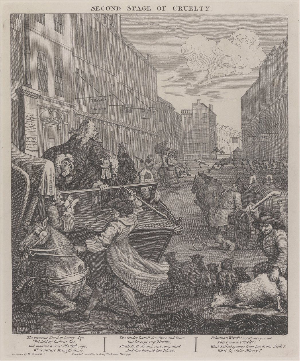Drugi etap okrucieństwa – woźnica pokonujący upadłego konia autorstwa William Hogarth