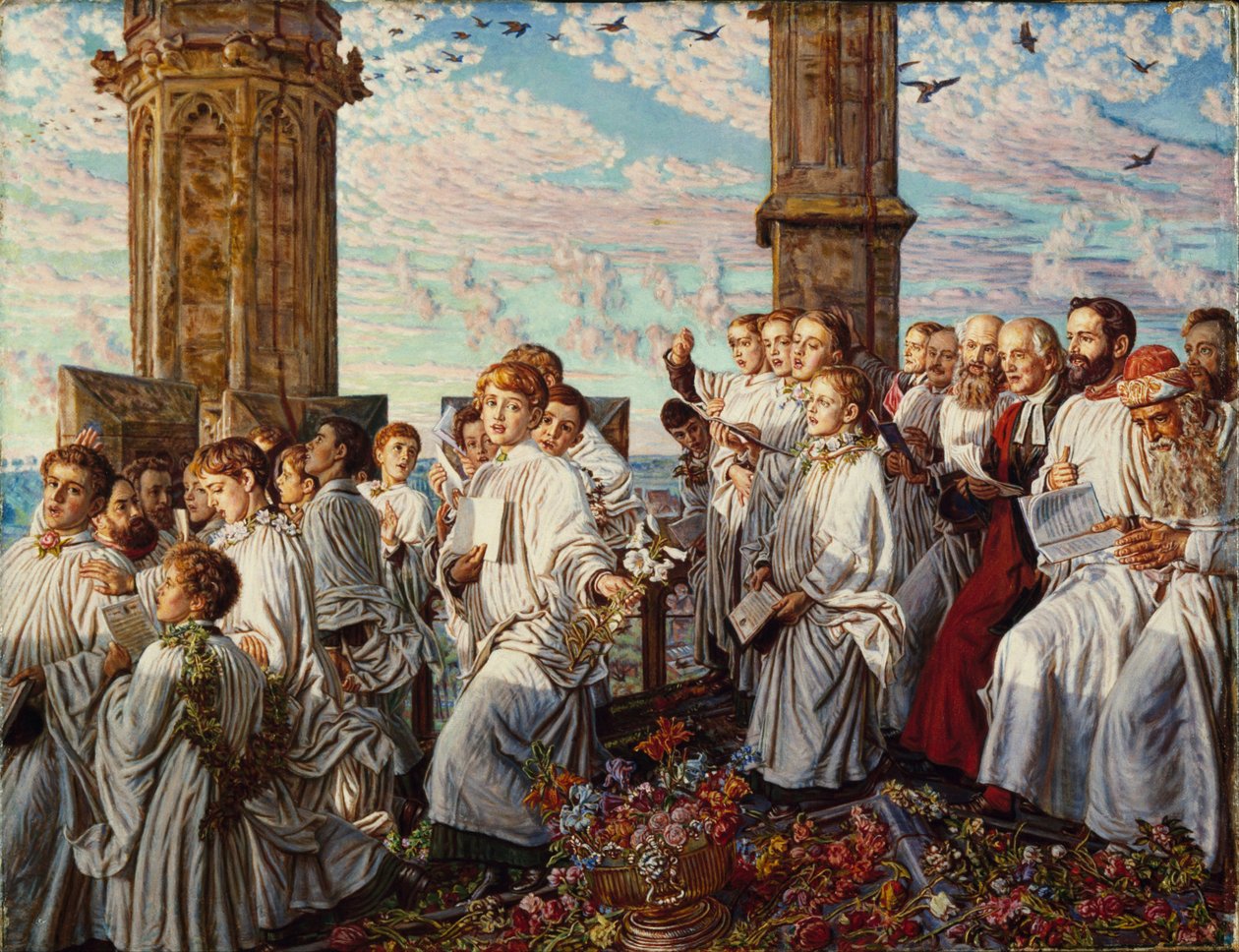 Majowy poranek w Magdalen College w Oksfordzie, starożytna doroczna ceremonia autorstwa William Holman Hunt