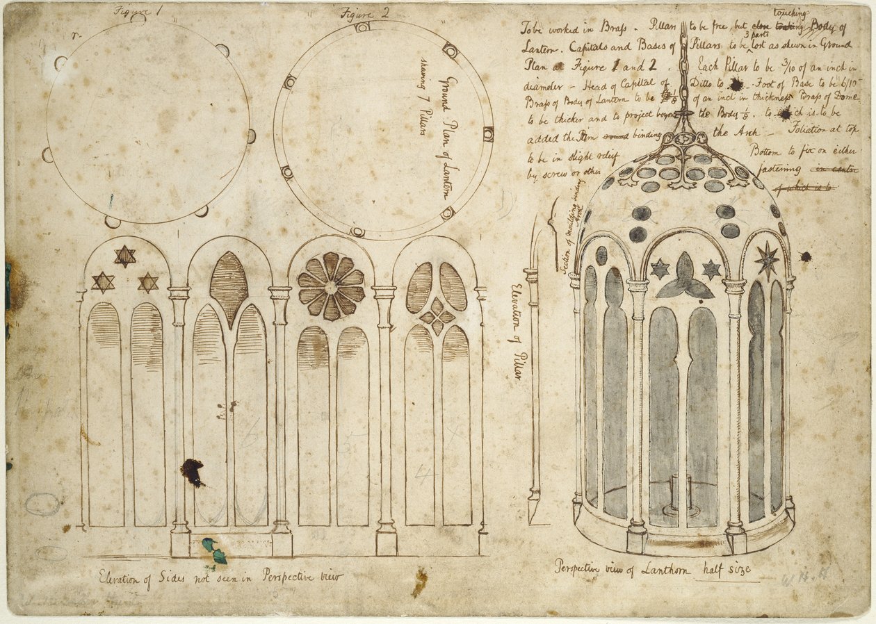 Studies for the Lantern in The Light of the World, 1851-52 (pióro i brązowy tusz na graficie na odbarwionym papierze w kolorze złamanej bieli) autorstwa William Holman Hunt