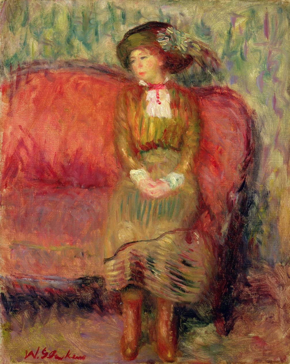 Dziewczyna siedząca na czerwonej sofie autorstwa William James Glackens