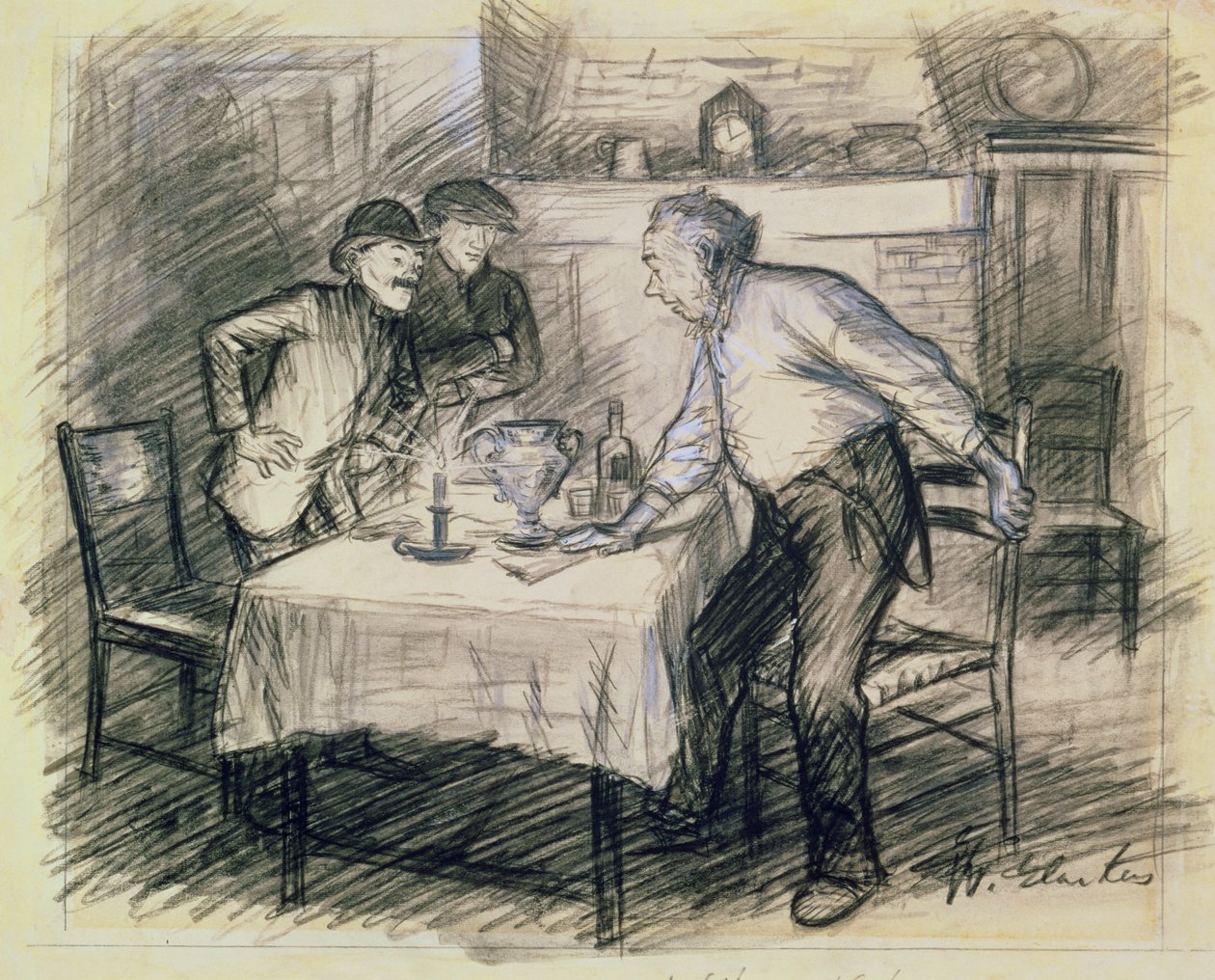 Wnętrze z trzema mężczyznami wstającymi ze stołu (ołówek i pranie na papierze) autorstwa William James Glackens
