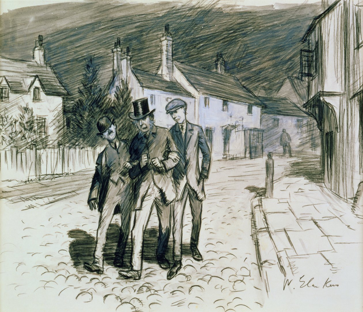 Scena uliczna z trzema pijakami (ołówek i pranie na papierze) autorstwa William James Glackens