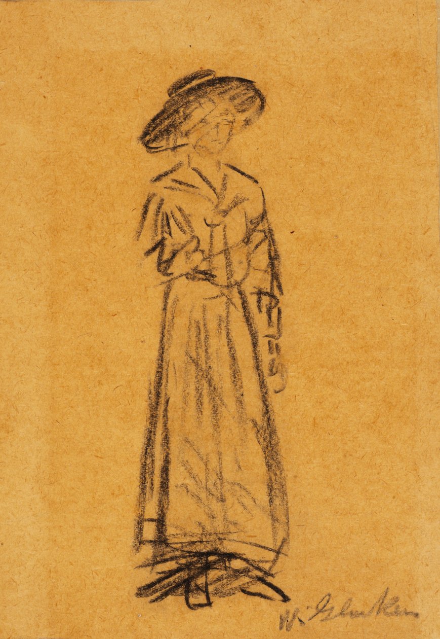 Kobieta w kapeluszu z szerokim rondem (czarna kreda na papierze) autorstwa William James Glackens