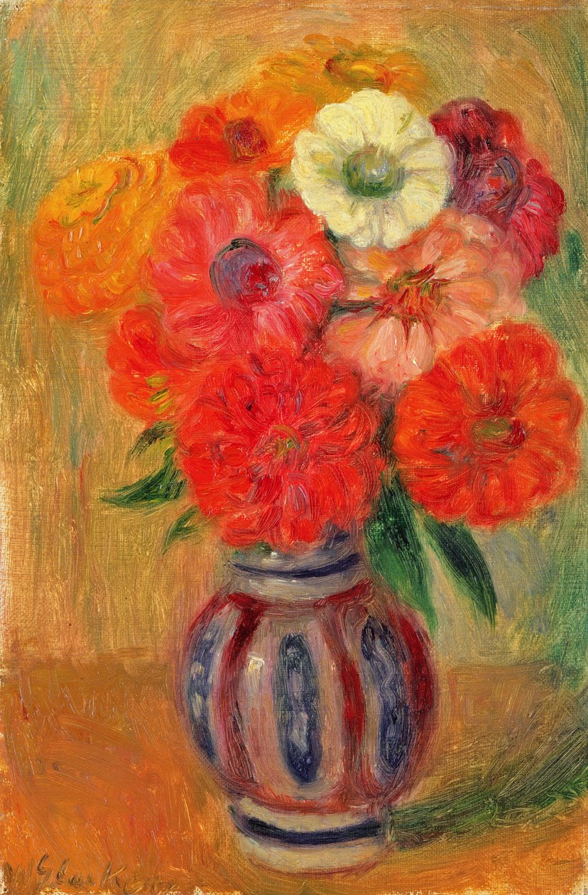 Cynie w pasiastym niebieskim wazonie autorstwa William James Glackens