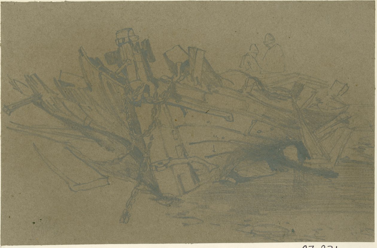 Uszkodzona łódź (ołówek na papierze (brązowy i wklejony na pokładzie)) autorstwa William James Muller