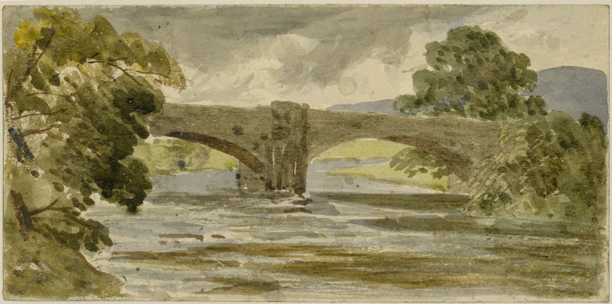 Pejzaż z mostem i drzewami (akwarela na papierze (wklejona na karton)) autorstwa William James Muller
