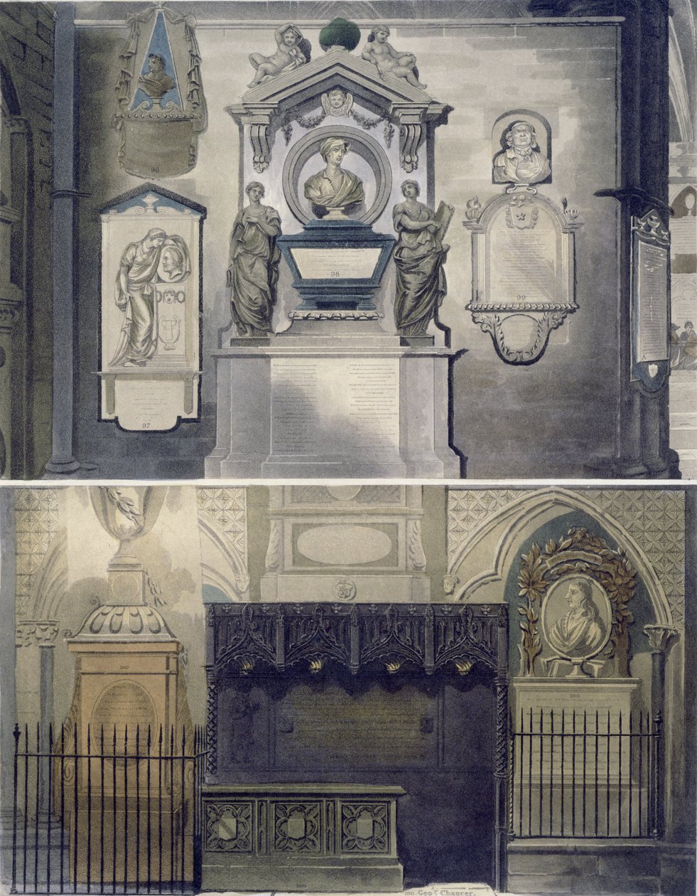 Kącik Poetów, tablica F z Opactwa Westminsterskiego, ryt. J. Bluck (fl.1791-1831) wyd. Rudolpha Ackermanna (1764-1834) 1812 (akwatinta) autorstwa William Johnstone White