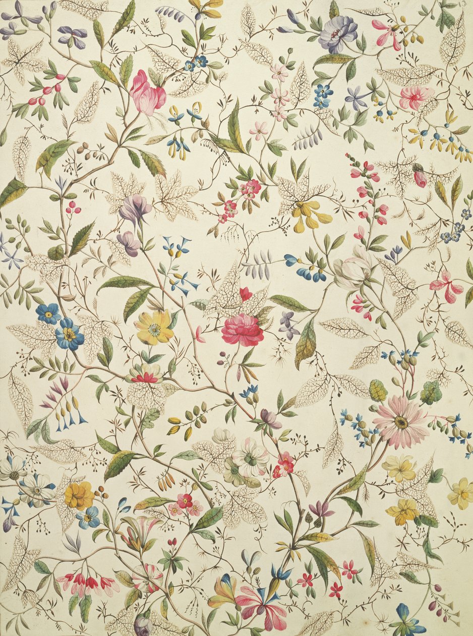 Wzór dzikich kwiatów na jedwabny materiał, ok. 1790 autorstwa William Kilburn