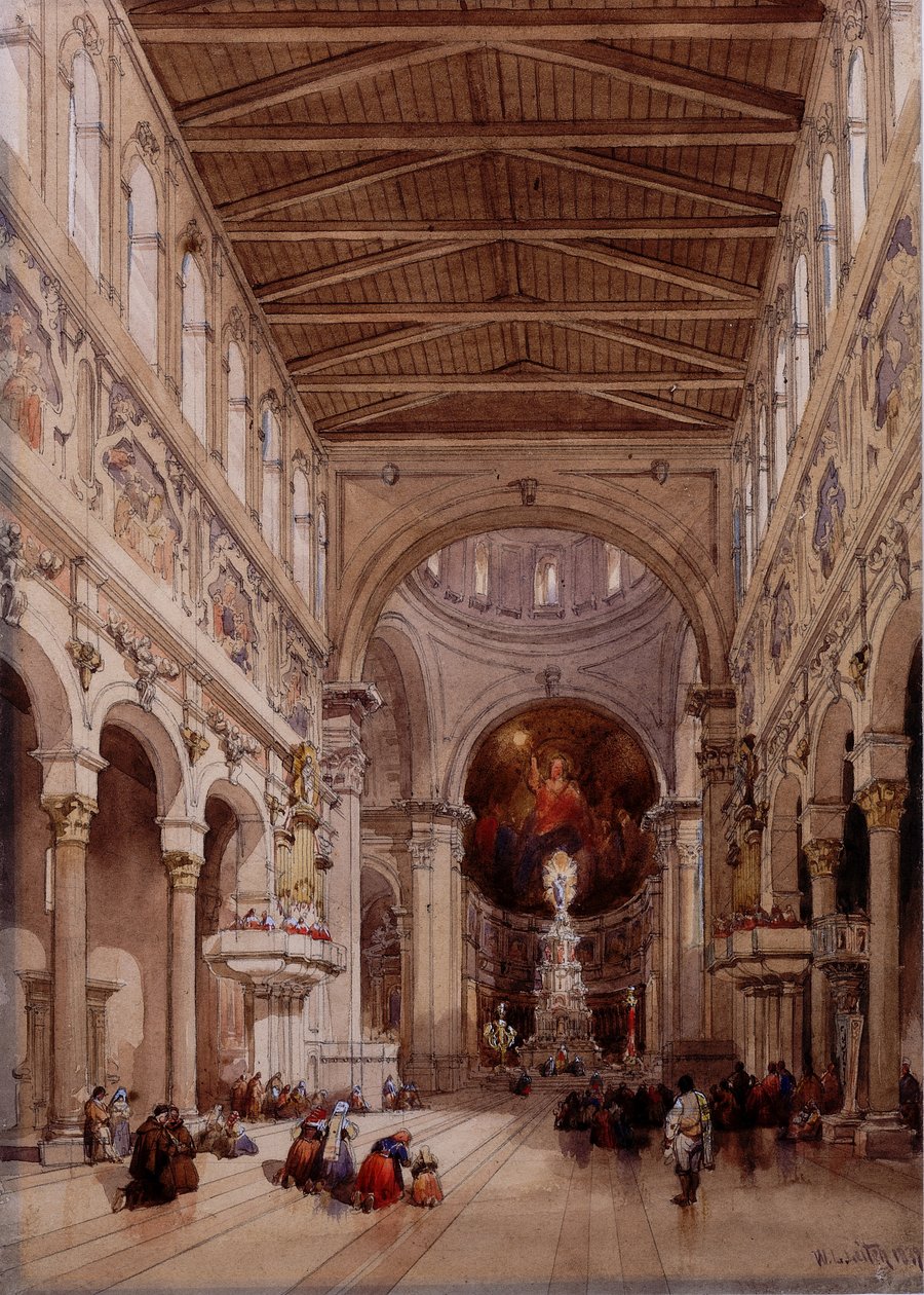 Wnętrze katedry, Mesyna, 1839 (ołówek i wc na papierze tkanym) autorstwa William Leighton Leitch